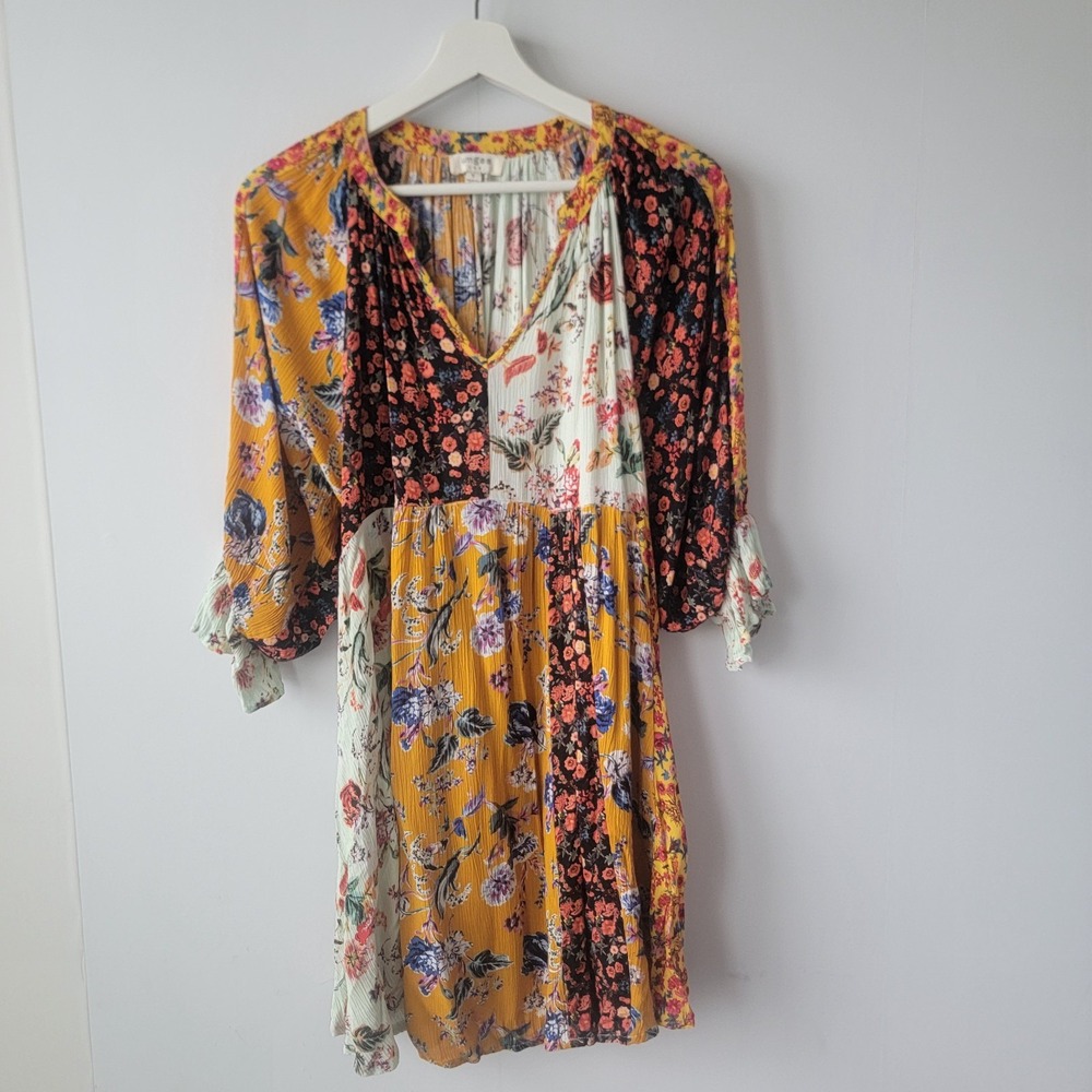 Umgee women's pachwork Floral Puff Long Sleeve Dress sz S V-neck boho Babydoll